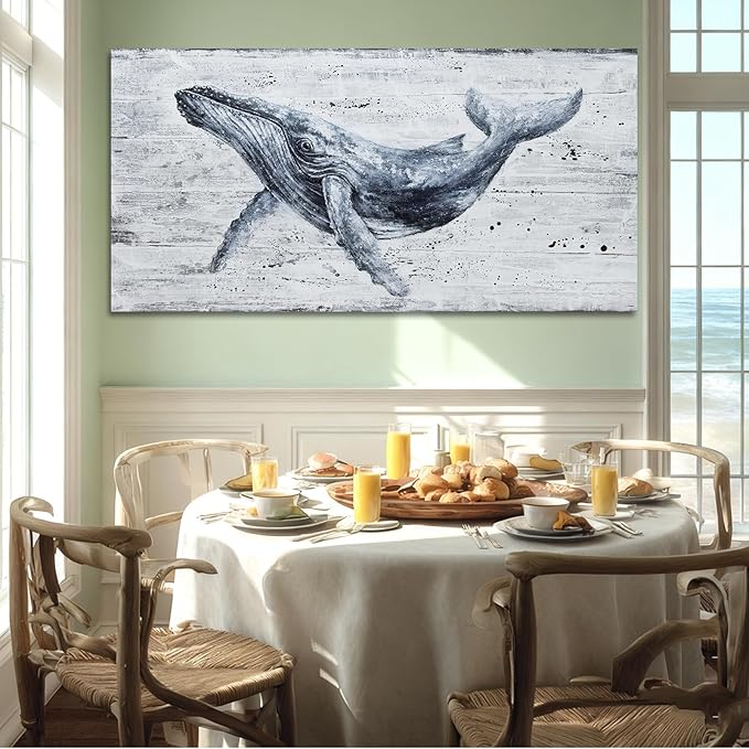 ZUNARE Modern Abstract Whale Canvas Wall Art Deep Blue Ocean Animal Posters Picture Minimalist Nautical Artwork for Living Room Bedroom Office Wall Decor 24x48 inch