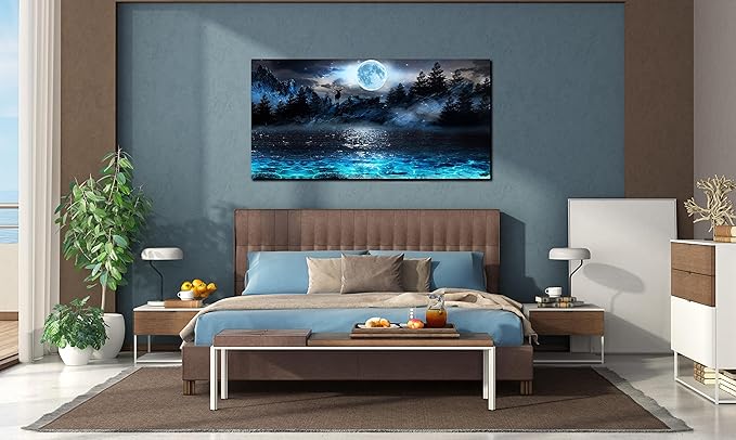 Moon Sea Ocean Wall-Art For Living Room Large Size - Blue Wall Decor For Bedroom - Forest Wall Art Ready To Hang 29" x 59"