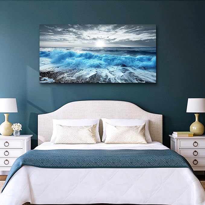 Lapremoly Framed Wall Art For Living Room Large Canvas Wall Decor For Office Blue Beach Painting Ocean Sea Waves Wall Pictures Bedroom bathroom Home Decorations Prints Posters Mural Artwork 20"X40"