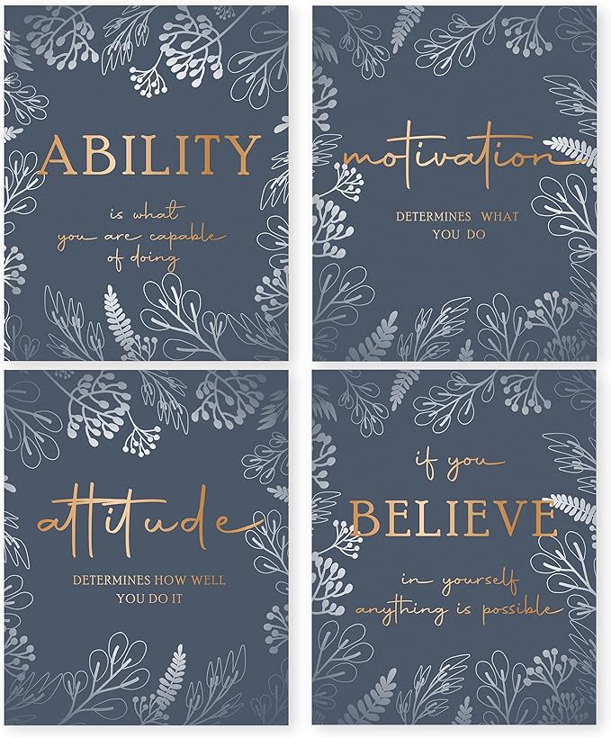 HRQKO Office Motivational Wall Art Poster Prints Set of 4, Inspirational Quotes, Gold Artwork for Walls, Affirmation Decor for Women Men 8"x10" Unframed