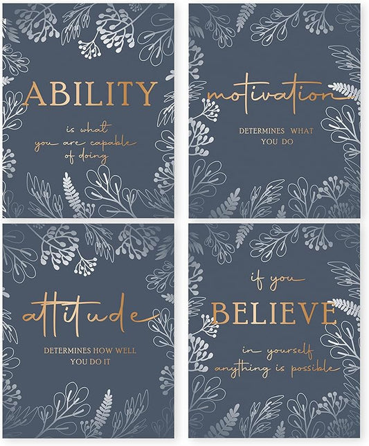 HRQKO Office Motivational Wall Art Poster Prints Set of 4, Inspirational Quotes, Gold Artwork for Walls, Affirmation Decor for Women Men 8"x10" Unframed