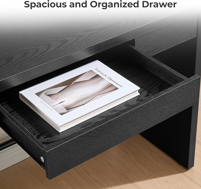 SICOTAS Home Office Executive Desk - 47-Inch Computer Desk with Drawer, Farmhouse Writing Study Desk with Storage,Boho Makeup Vanity Table for Bedroom (Black Oak, 2 Pieces)