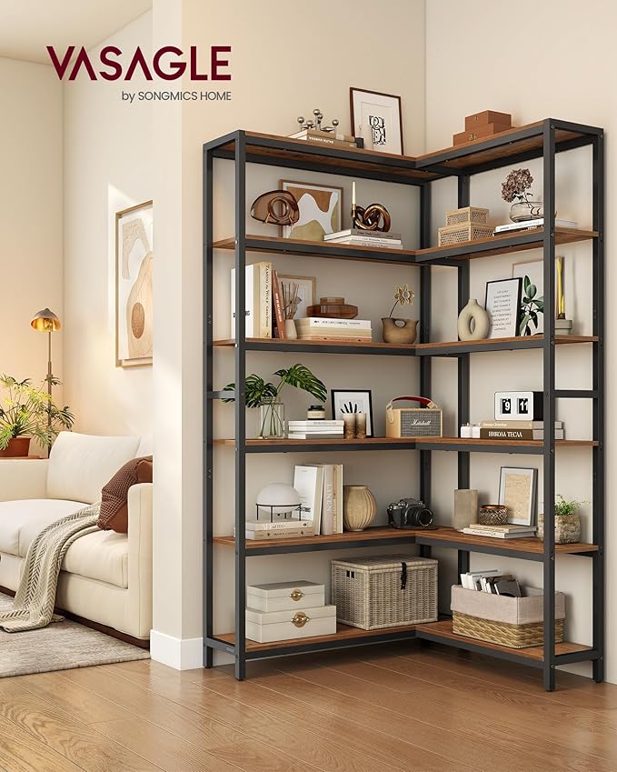 VASAGLE 6 Tier Bookshelf with Metal Frame, Convertible Industrial Corner Shelf, 9.4 x 52.8 x 69 Inches, for Living Room, Bedroom, Home Office, Rustic Brown and Ink Black ULLS806K01