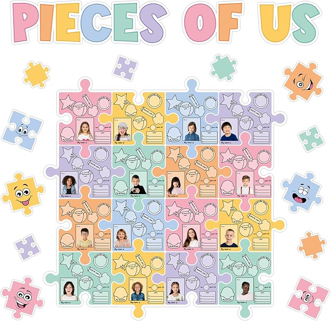 Pieces of Us Bulletin Board Set Puzzle Self-introduction Themed Classroom Bulletin Board Decorations All About Me Cutouts Classroom Decorations for Back to School Office Home Chalkboard Decor W