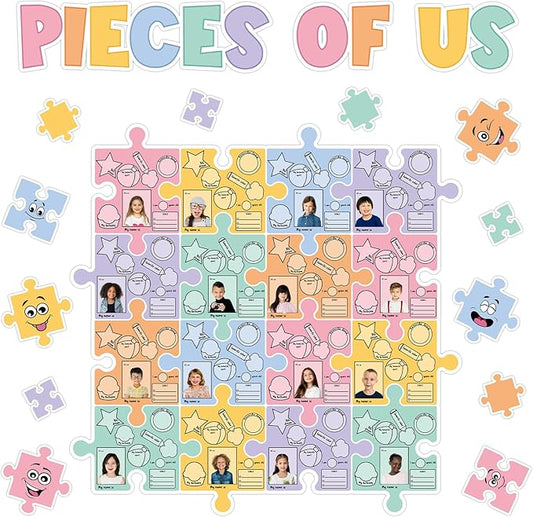 Pieces of Us Bulletin Board Set Puzzle Self-introduction Themed Classroom Bulletin Board Decorations All About Me Cutouts Classroom Decorations for Back to School Office Home Chalkboard Decor W