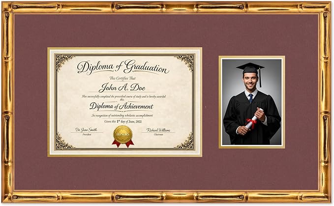 Diploma Frame With Photo Opening Gold Bamboo Dark Red Over Gold Mat - Fits 11.69 x 8.27 Degree and Picture Made in the USA