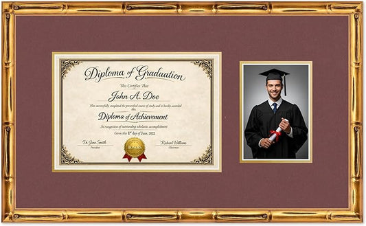 Diploma Frame With Photo Opening Gold Bamboo Dark Red Over Gold Mat - Fits 11.69 x 8.27 Degree and Picture Made in the USA