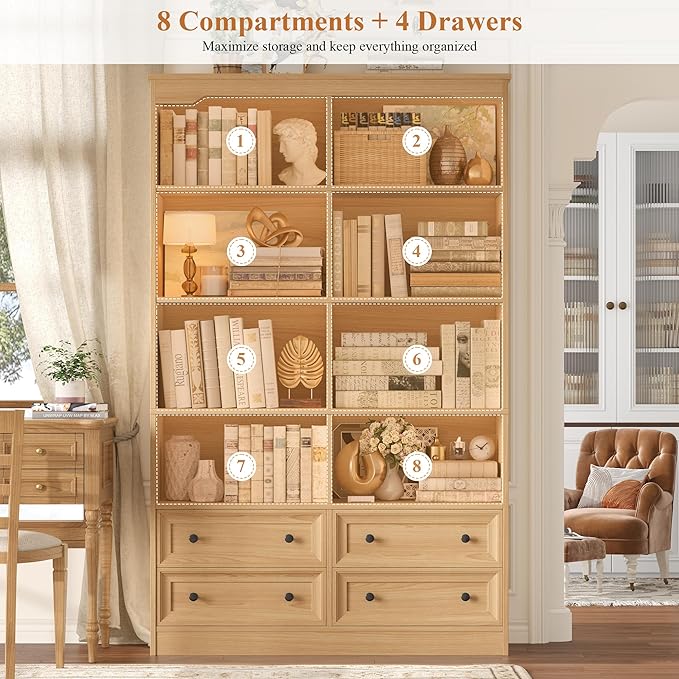 FINETONES 71" Tall Bookshelf with 4 Drawers, 6-Tier Double Wide Bookshelves and Bookcases with Storage, Natural Bookshelf Large Open Bookshelves Standing Book Cabinet for Home Office