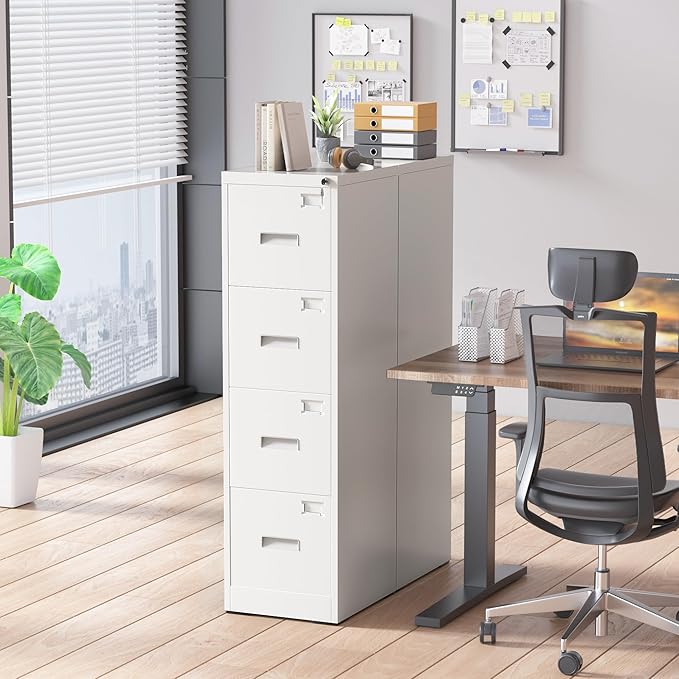 Superday 4 Drawer File Cabinets, 18” D Vertical File Cabinet with Lock, Locking Filing Cabinet for Home Office, White Metal Filing Cabinets for Hanging Letter/Legal Folders, Easy Assemble