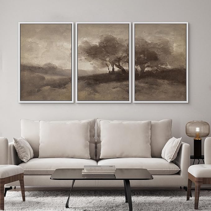 SIGNWIN Framed Canvas Print Wall Art Set Sepia-Toned Abstract Trees Vintage Landscape Illustrations Modern Art Decorative for Living Room, Bedroom, Office - 24"x36"x3 White