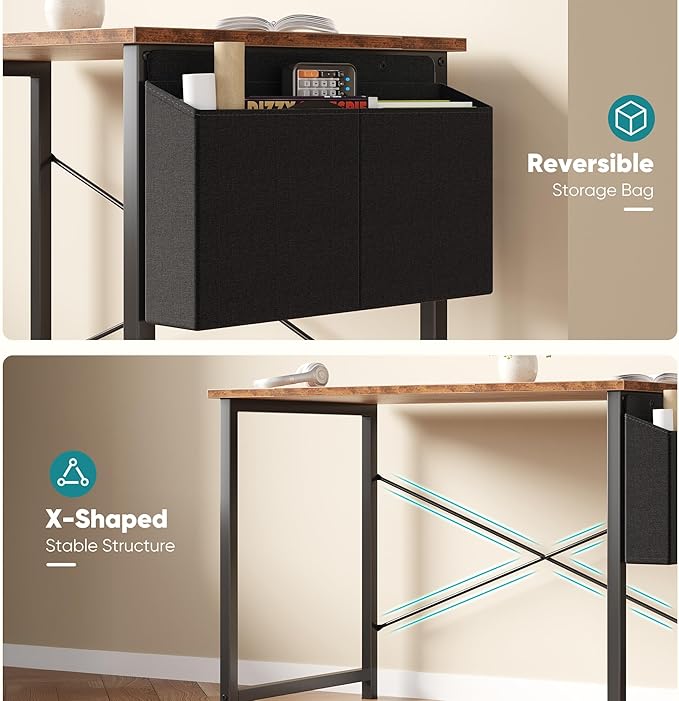 OLIXIS Computer Desk 40 Inch Home Office Desks for Small Spaces, Gaming Writing Study Work Table with Storage Bag and Headphone Hook for Bedroom, Rustic Brown