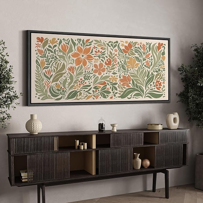 SIGNFORD Extra Large Framed Canvas Folk Floral Garden in Earth Tones Illustrations Modern Art Calm Warm for Living Room, Bedroom, Office - 60"x30"