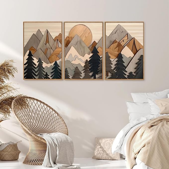 Set of 3 Mountain Wall Art Large Forest canvas Wall Decor pictures Woodcut Wooden Landscape poster Prints Abstract Landscape Nature Painting for Living Room Bedroom Office Unframed 16x24in