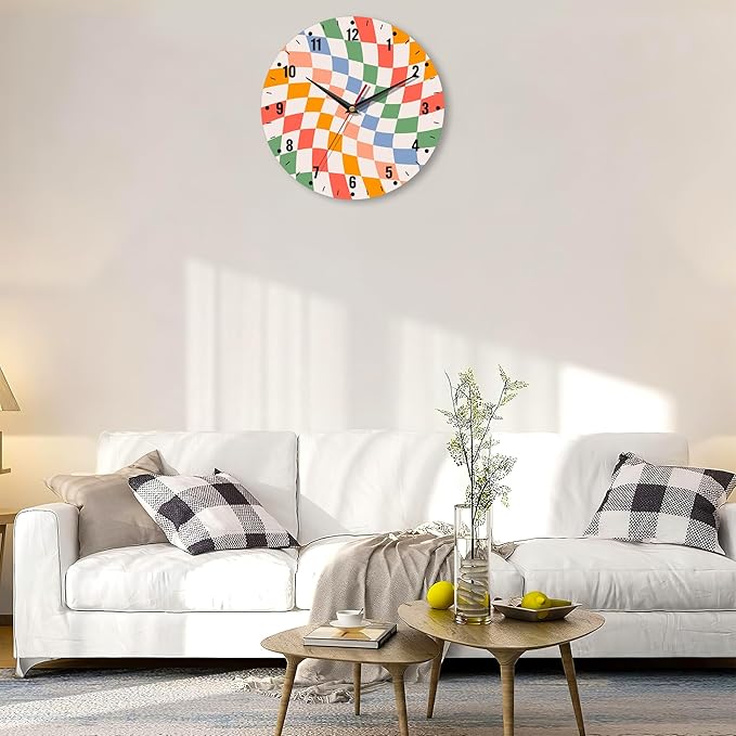 SPUNKER Clock for Bedroom,Colorful Checkered Wall Clock Battery Operated 10 Inch,Retro Wavy Round Clock Silent Non-Ticking Wall Decor for Farmhouse Office Home School Living Room Bedroom