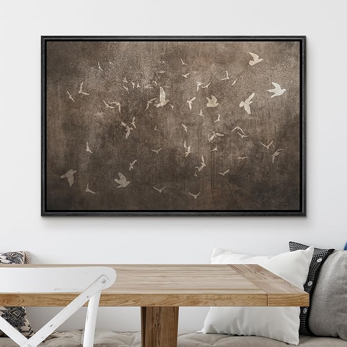 MUDECOR Framed Canvas Print Wall Art Abstract Birds in Flight Subtle Brown Tones Illustrations Minimalism Decorative Relax Colorful for Living Room, Bedroom, Office - 24"x36" BLACK