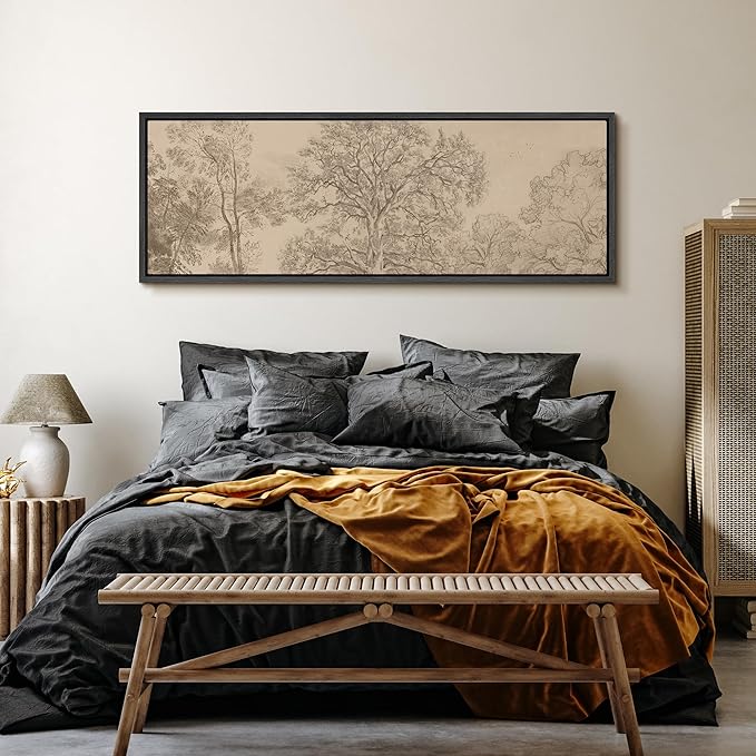 SIGNFORD Large Framed Canvas Vintage Tree Line Pencil Drawing Classic Illustrations Modern Art Calm Warm for Living Room, Bedroom, Office - 60"x20"