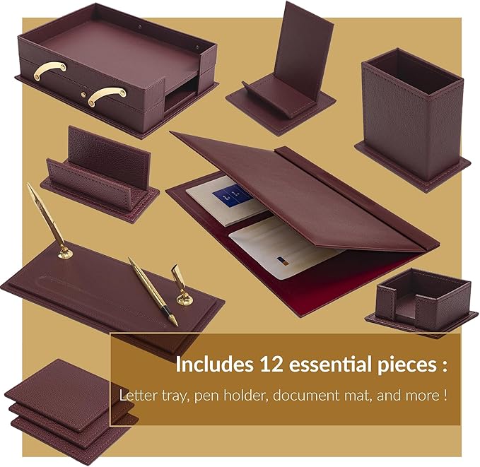 MOOGCO 12-Piece Leather Desk Set — Desk Pad 23.2" x 15.4", Double Document Tray, Pen Holder — Desk Organizer Set for Home Office & Executive Desk Accessories