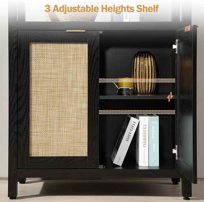 SICOTAS Bookshelf 5 Tier Book Shelf Rattan Boho 71" Tall Bookcase with Doors Storage Shelves Large Bookshelves Farmhouse Bookcases Library Book Case for Living Room Bedroom Home Office Kitchen