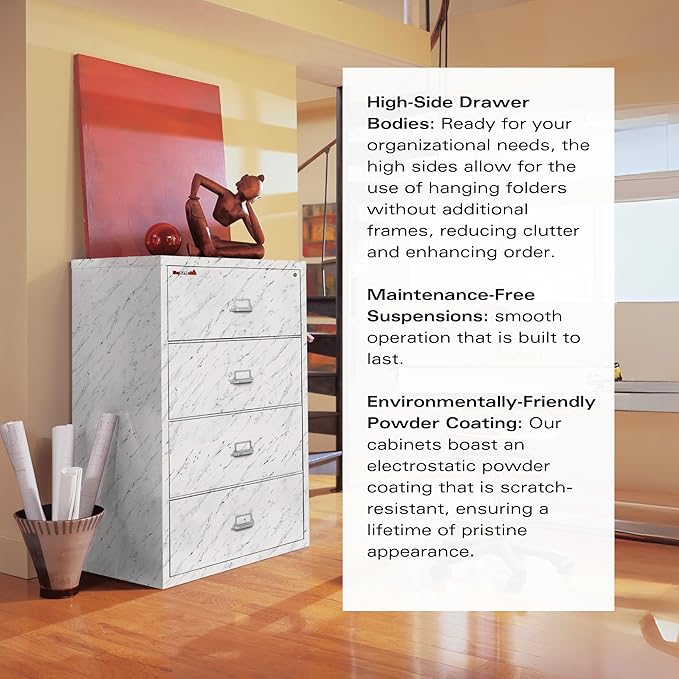 FireKing Fireproof Lateral File Cabinet (4 Drawers, Impact Resistant, Water Resistant), 38" W x 22" D, Black, Made in USA