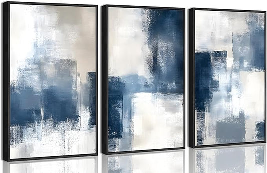 3 Pcs Framed Navy Blue Abstract Canvas Wall Art Modern Minimalist Neutral Blue and Grey Paintings Pictures Wall Decor Poster Print Artwork for Living Room Bedroom Office Home Decoration
