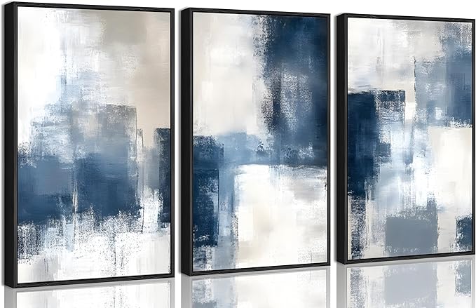 3 Pcs Framed Navy Blue Abstract Canvas Wall Art Modern Minimalist Neutral Blue and Grey Paintings Pictures Wall Decor Poster Print Artwork for Living Room Bedroom Office Home Decoration