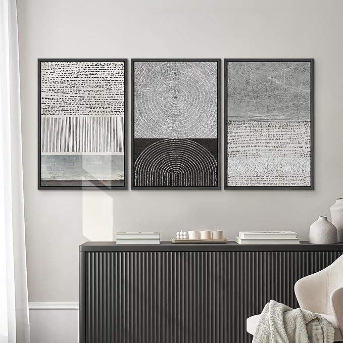 SIGNWIN Framed Canvas Print Wall Art Set Industrial Black & Gray Collage Abstract Geometric Illustrations Minimalism Modern Art Decorative Boho for Living Room, Bedroom, Office - 16"x24"x3 Black