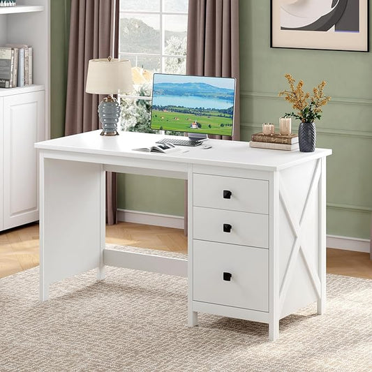 JSB 47.2'' White Computer Desk for Home Office,Farmhouse Executive Desk with 3 File Drawers,Study Writing Table Storage Cabinet,Makeup Vanity Desk for Bedroom (White, 47.2in)