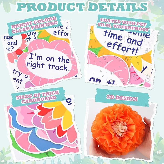 Growth Mindset Bulletin Board Decoration Flower Change Your Words Spring Brain Bulletin Board Set Cutouts with 3D Tissue Paper Pompoms Positive Sayings Posters Decor for Back to School Supplies