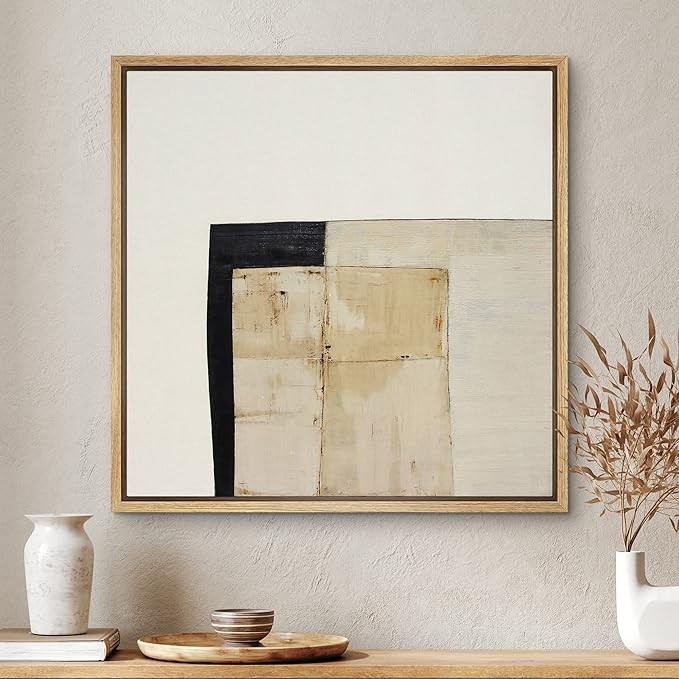 SIGNWIN Framed Canvas Print Wall Art Tan & Black Geometric Color Blocks Abstract Shapes Illustrations Modern Art Alternative Multicolor Dark for Living Room, Bedroom, Office - 16"x16" Natural