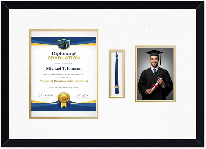 Diploma Tassel and Photo Frame Matte Black Shadowbox Oyster Shell Over Gold Mat - Fits 8.5 x 11 Degree Picture Made in the USA