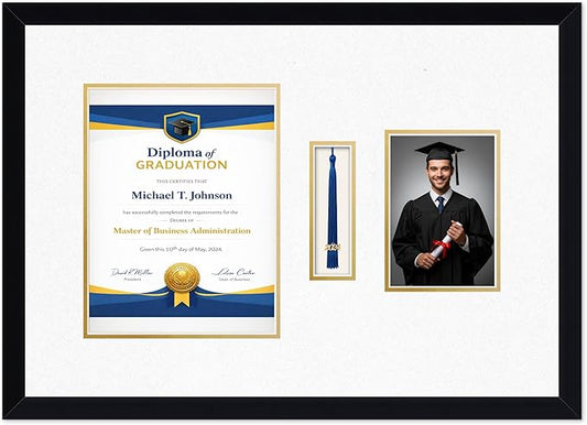 Diploma Tassel and Photo Frame Matte Black Shadowbox Oyster Shell Over Gold Mat - Fits 8.5 x 11 Degree Picture Made in the USA