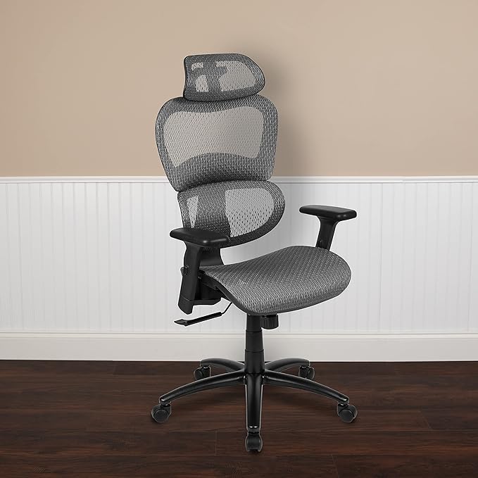Flash Furniture LO Ergonomic Mesh Office Chair with 2-to-1 Synchro-Tilt, Adjustable Headrest, Lumbar Support, and Adjustable Pivot Arms in Gray