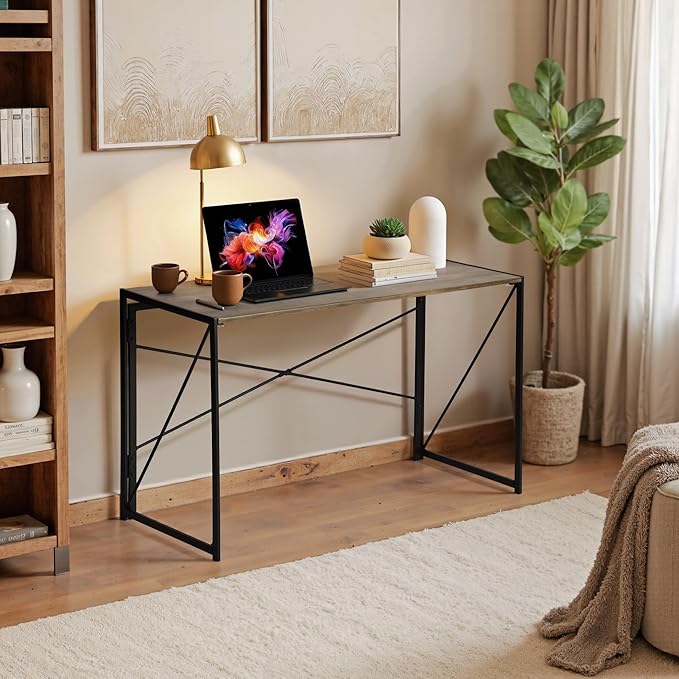 Homy Casa 47.2 Inch Foldable Laptop Desk, Space-Saving Computer Table with No Assembly Required, Sturdy Metal Frame, Minimalist Design for Home Office, Study, or Small Spaces, Vintage Brown