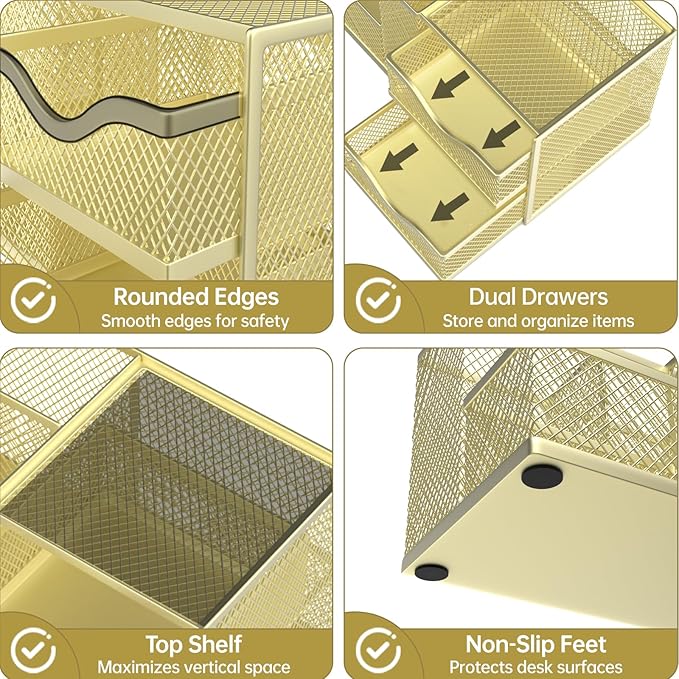 Mesh Desk Organizer, Pen Organizer with 2 Drawers and 5 Compartments, Versatile Pen Holder for Small Space, Desk Organizers and Accessories for School Office Supplies, Gold