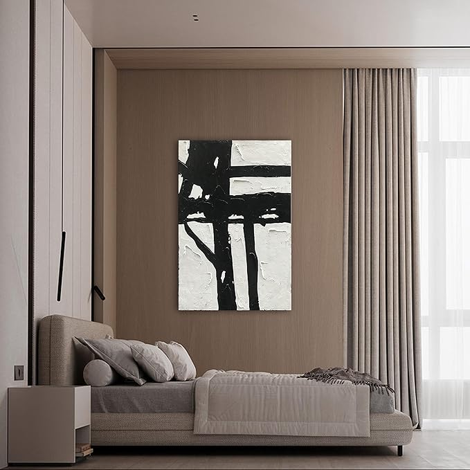 NANKAI Hand-Painted Black and White Abstract Wall Art Contemporary Minimalist Oil Painting Art 45x30 inch Large Painting Art for Home Walls Living Room Hallway Wall Decoration