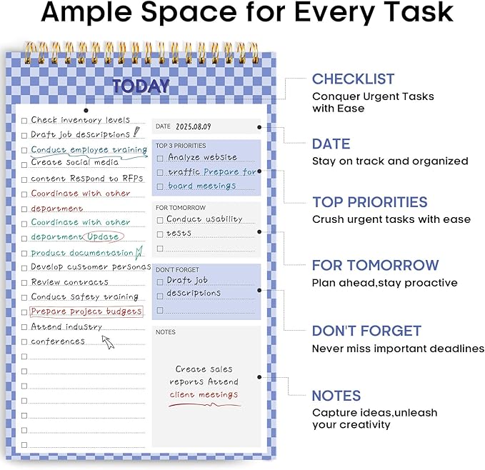 Taja To Do List Notepad - To Do List Notebook for Work with 52 Sheets, 9.8" x 6.5", Undated Daily Planner Perfect for Daily Tasks and Goal Setting, Notepad Suitable for Office, Home & School - Indigo Checkered