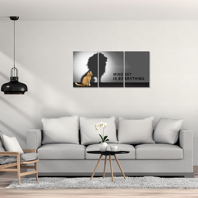 Mindset is Everything Wall Art Lion Cat Motivational Wall Decor for Office Pictures Posters Framed Inspirational Canvas Wall Art Prints Painting Artwork Decor Ready to Hang in Living Room Bedroom