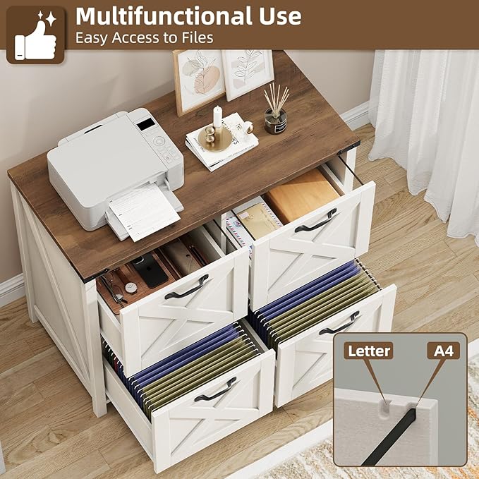 Farmhouse File Cabinet, Lateral Filing Cabinet with 4 Drawers for Letter/A4 Size Hanging Files, Wooden Printer Stand File Storage Cabinet for Home Office Cabinets, Rustic White