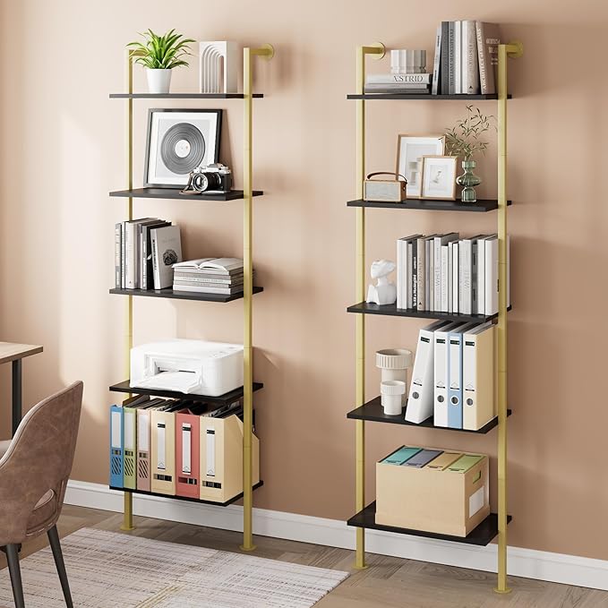 5-Tier Bookshelf Solid Wood Ladder Shelf, Narrow Book Shelf Display Shelf, Wooden Bookcase, Wall Mount Ladder Shelf, Storage Rack for Living Room, Bedroom, Industrial Style, Black&Gold