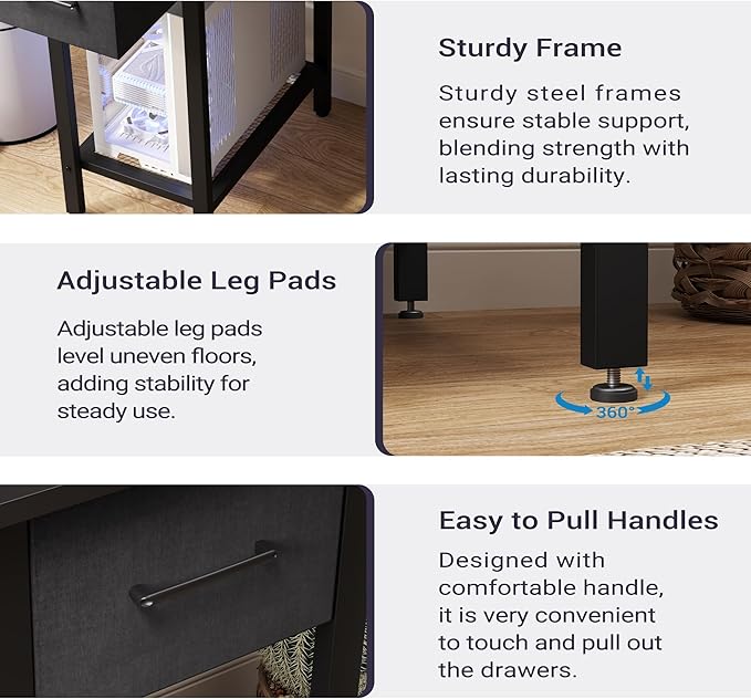 Black Computer Desk with Drawers, 42 Inch Home Office Desk Study Writing Table, Gaming Desk with USB Power Outlets, Office Desk with Fabric Drawer, Work Table with Shelf for Bedroom, Black