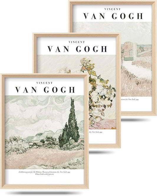 HesenDot Van Gogh High Framed Wall Art Set of 3, 12x16in Neutral Floral Canvas Prints, Abstract Landscape Artwork for Living Room Bedroom Gallery Office Home Décor