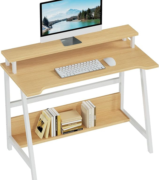 ALISENED 31.5 Inch Small Office Desk with Storage, Small Desk for Small Spaces, Compact Home Office Desk, Mini Study Desk for Bedroom, Warm Oak