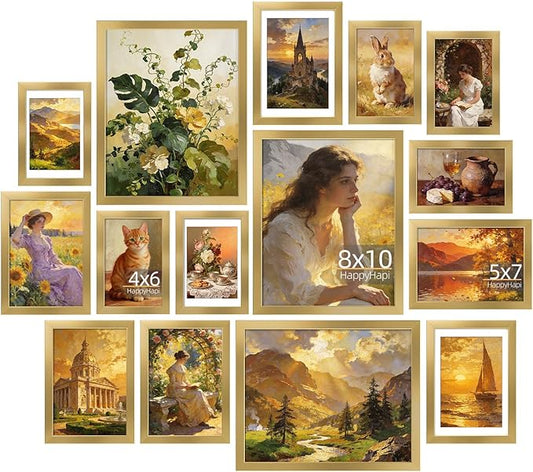 HappyHapi 15 Pack Gold Picture Frames Collage Wall Decor, Gallery Wall Frame Set for Mounting & Tabletop Display, Multi Sizes including 3pcs 8x10, 6pcs 5x7, 6pcs 4x6