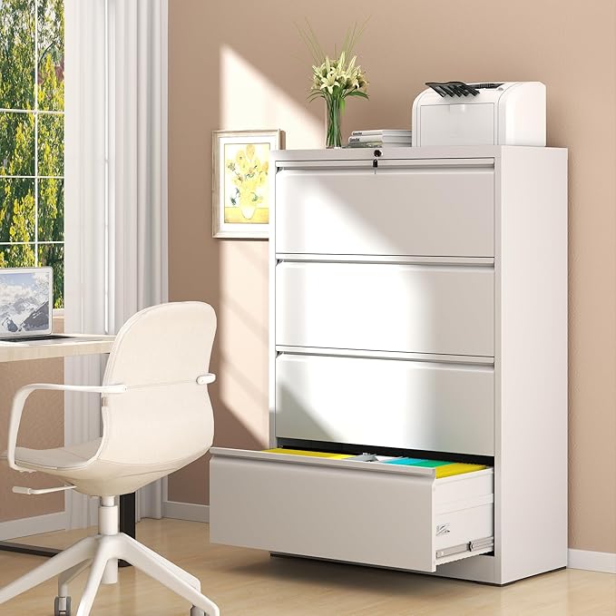 File Cabinet with Lock, 4 Drawer Lateral Filing Cabinet for Home Office, Metal Heavy Duty File Cabinets for Hanging Letter/Legal/F4/A4 Size Files, Assembly Required (White)