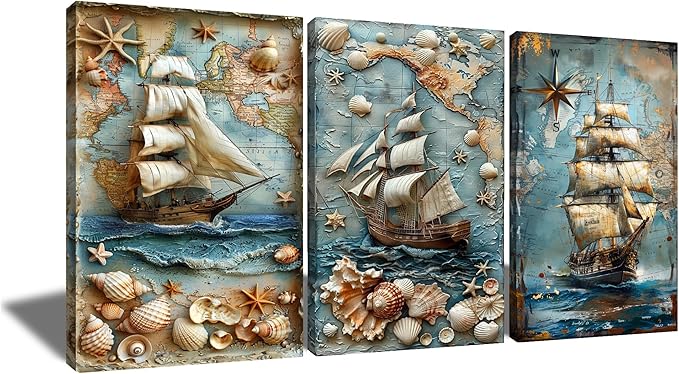 Abstract Sailboat Poster Canvas Wall Art Home Decor Vintage Ocean Creatures Seashell Starfish 3 Pieces Picture Print Artwork for Modern Home Bedroom Office Hotel Stretched and Framed [48''Wx24''H]
