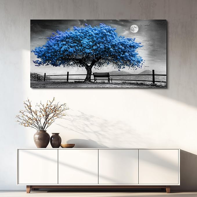 FUHAIHUA Large Wall Decor For Living Room Canvas Wall Art For Office Modern Wall Decorations For Bedroom Black And White Landscape Painting Blue Tree Pictures Artwork Room Home Decor 24x48 In