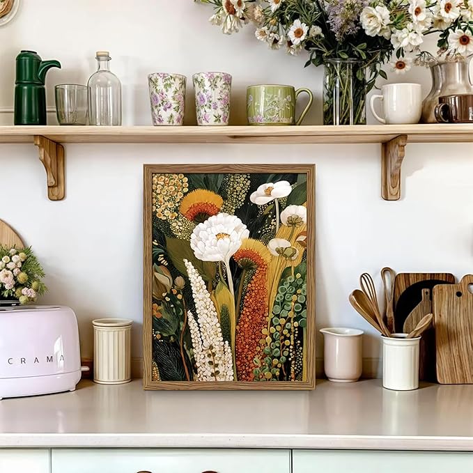 Framed Vintage Botanical Floral Wall Art, Colorful Abstract Flowers Wall Decor Painting, Retro Wildflower Artwork Poster Print Picture for Living Room Bedroom 16x24 Inch