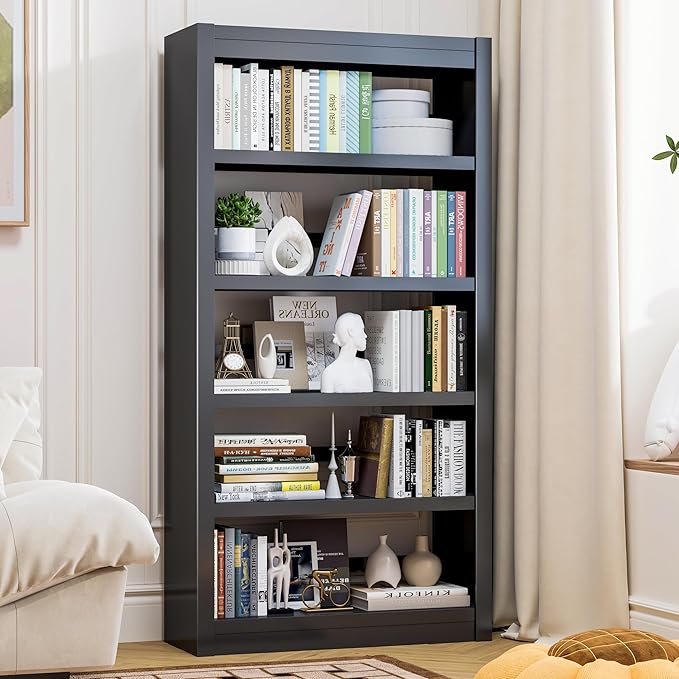 61" Tall Metal Bookshelf,5-Tier Display Bookcase,Industrial Open Bookcases with Adjustable Shelves,Black Standing Modern Bookshelves for Library,Office,Bedroom,Living Room