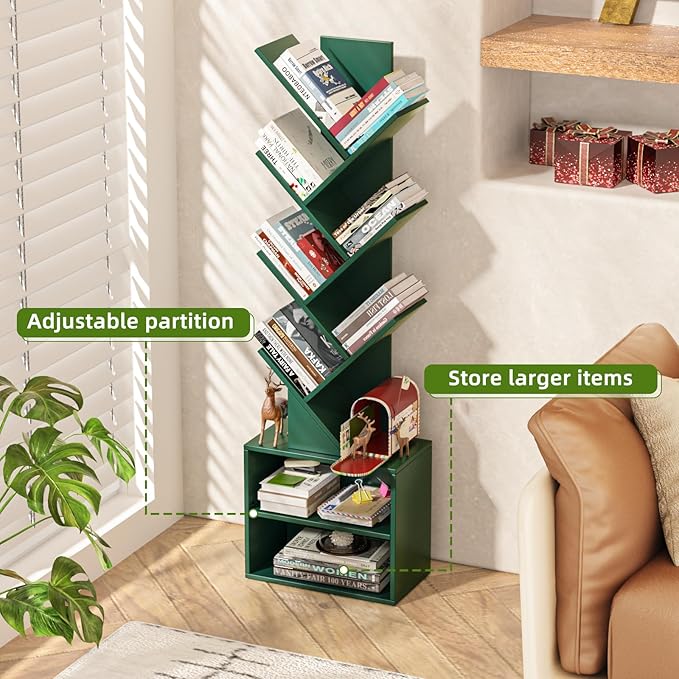 10 Tier Tree Bookshelf,Christmas Green Bookcase for Narrow Space, Storage Organizer Floor Standing Bookshelves for Books, Tall Book Case for Home Office, Living Room, Bedroom