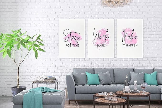 SHMAO Pink Office Canvas Wall Art Motivational Wall Decor, 3 Piece Stay Work Make Print Pictures for Office Wall Decor Women Inspirational Framed Artwork Home Office Decor 20”x30”x3 Panels